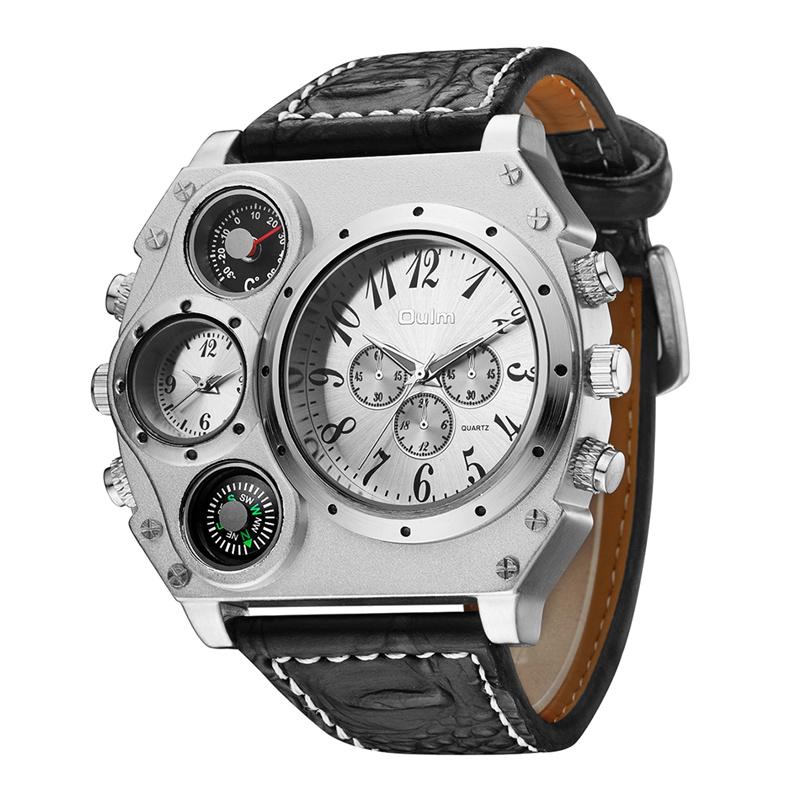 Large Dial Men's Watch with Decorative Compass and Two Time Zone Display