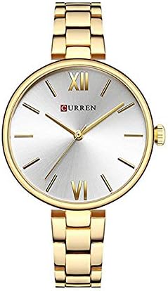 Curren 9017 Stainless Steel Strap Round Analog Waterproof Gold, White Watch for Women