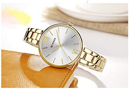 Curren 9017 Stainless Steel Strap Round Analog Waterproof Gold, White Watch for Women