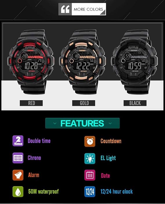 SKMEI Outdoor Sport Watches Alarm Clock 5Bar Waterproof LED Digital Watch