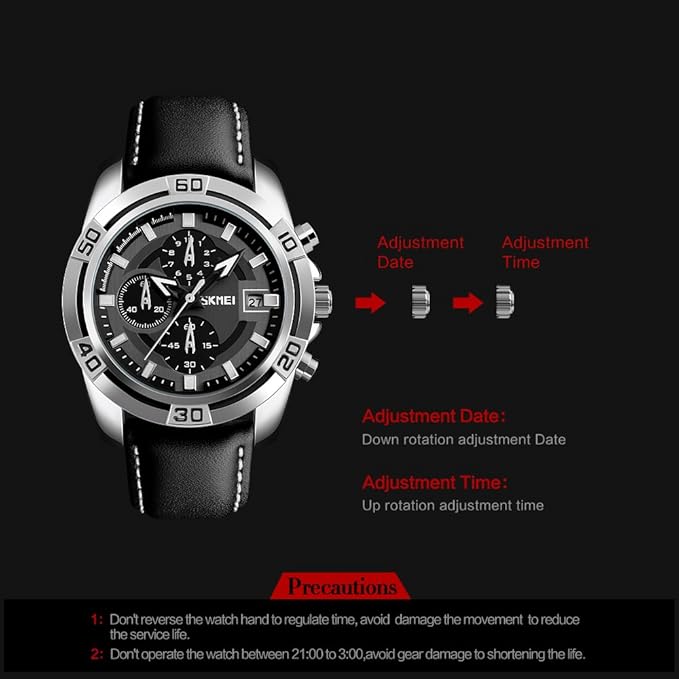 Skmei Sports Mens Watches, Chronograph and Date Wristwatches for Men,30 Meters Waterproof Soft Black Leather Strap Military Watch (Black)