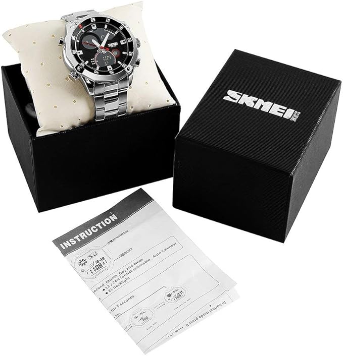 SKMEI Mens Wrist Watch, Waterproof Military Analog Digital Watches with LED Multi Time Chronograph, Stainless Steel Business Watches for Men