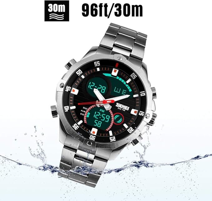 SKMEI Mens Wrist Watch, Waterproof Military Analog Digital Watches with LED Multi Time Chronograph, Stainless Steel Business Watches for Men