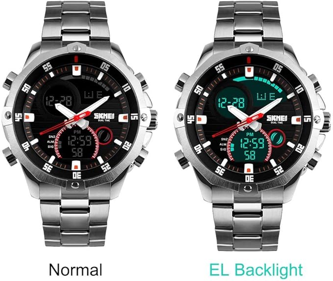 SKMEI Mens Wrist Watch, Waterproof Military Analog Digital Watches with LED Multi Time Chronograph, Stainless Steel Business Watches for Men