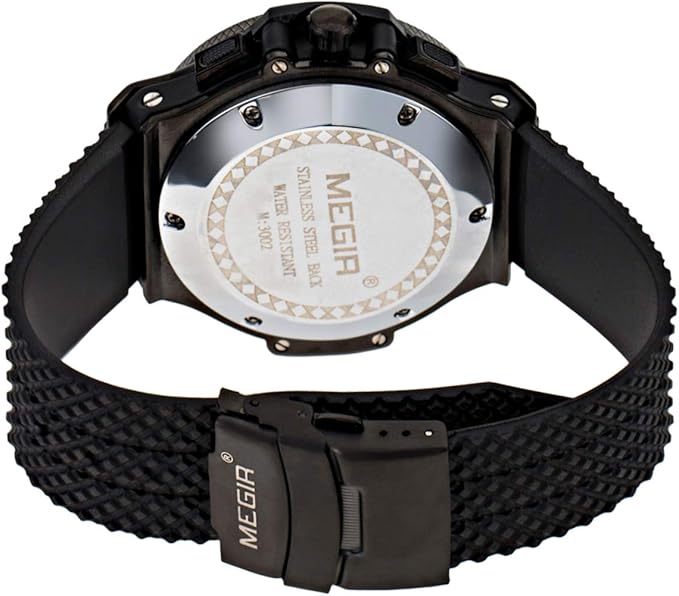 Megir Men's Black Dial Silicone Band Chronograph Watch - 3002-B