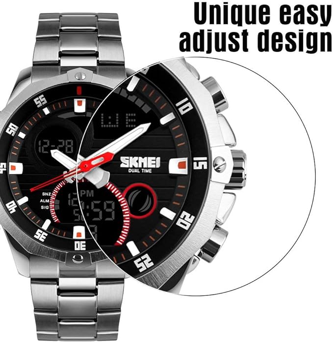 SKMEI Mens Wrist Watch, Waterproof Military Analog Digital Watches with LED Multi Time Chronograph, Stainless Steel Business Watches for Men