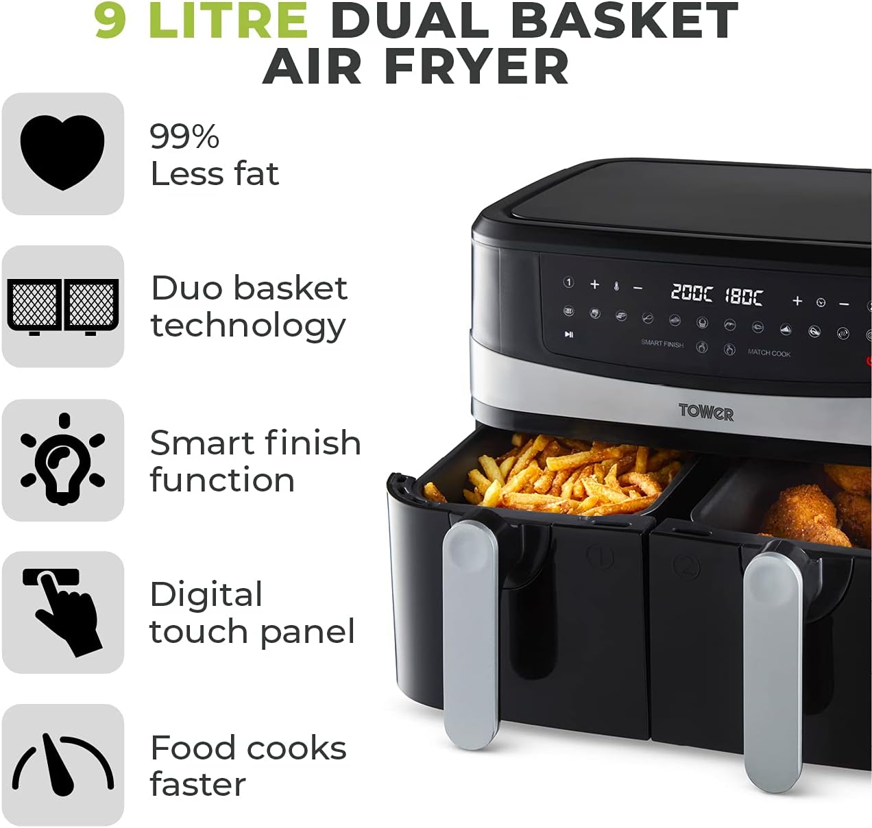 Tower T17088 Vortx 9L Duo Basket Air Fryer with Smart Finish, 2600W Power, Black