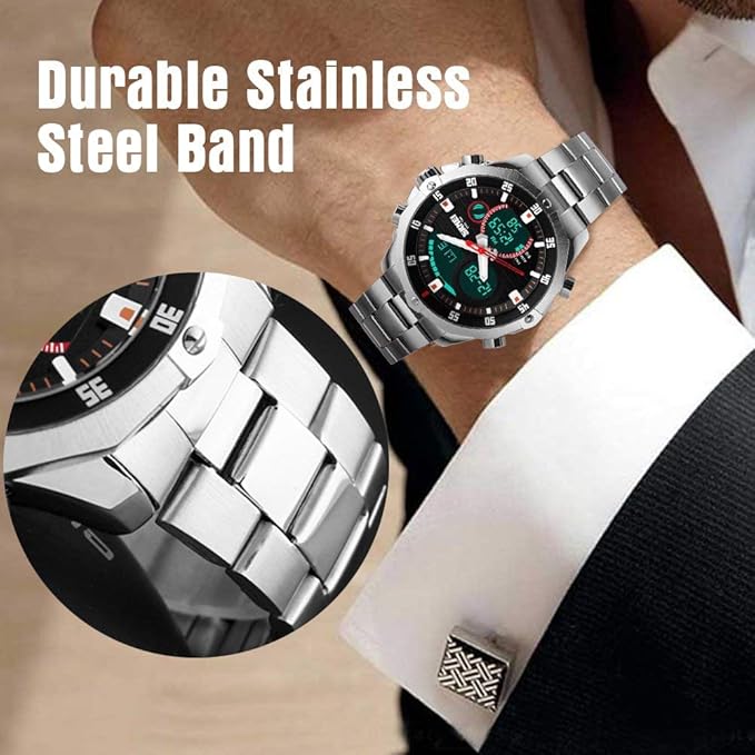 SKMEI Mens Wrist Watch, Waterproof Military Analog Digital Watches with LED Multi Time Chronograph, Stainless Steel Business Watches for Men