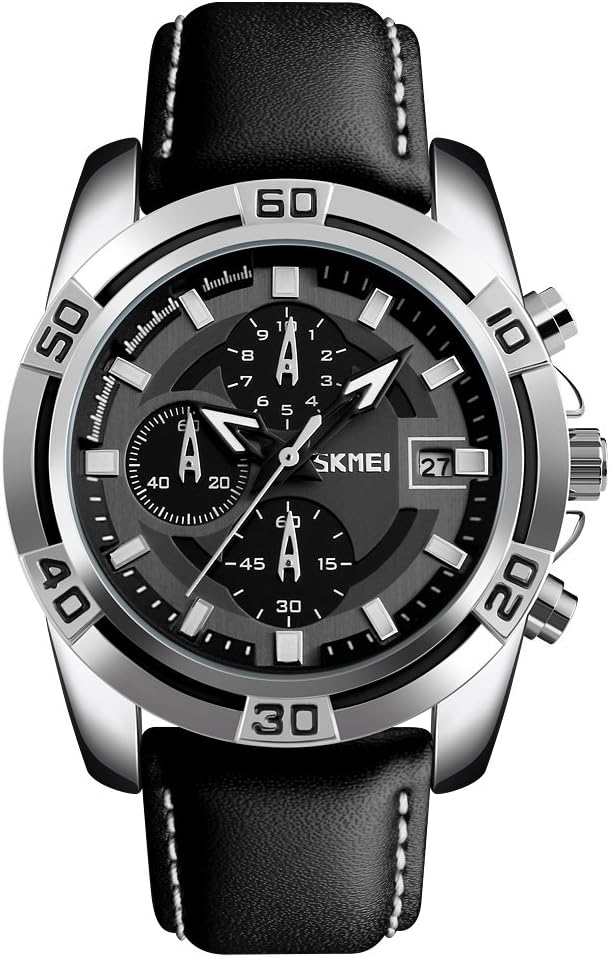 Skmei Sports Mens Watches, Chronograph and Date Wristwatches for Men,30 Meters Waterproof Soft Black Leather Strap Military Watch (Black)