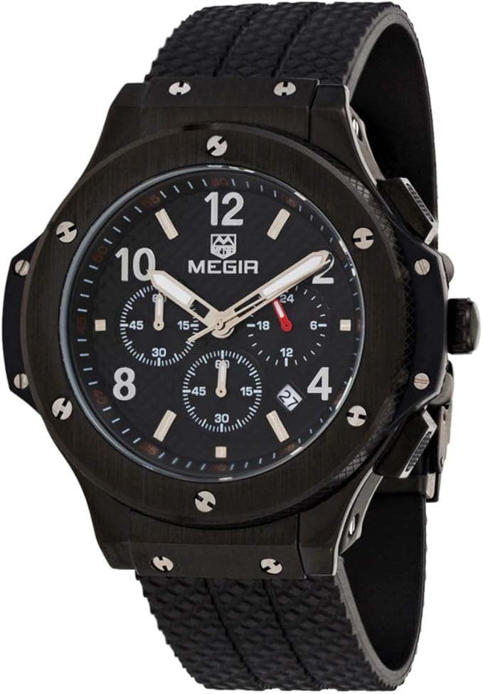 Megir Men's Black Dial Silicone Band Chronograph Watch - 3002-B
