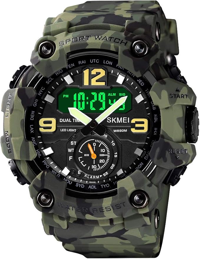 SKMEI Polyurethane Men Digital Sports Analogue - Digital Wrist Watch Led Screen Large Face Electronics Military Watches - 1637 (Army Green Dial), Multi-Color Band