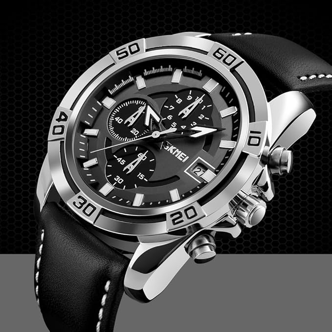 Skmei Sports Mens Watches, Chronograph and Date Wristwatches for Men,30 Meters Waterproof Soft Black Leather Strap Military Watch (Black)