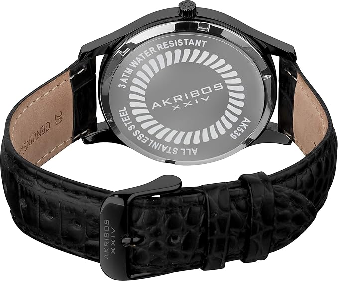 Akribos XXIV Men's Classic Black Watch - Sunburst Dial - Luminous Hands - Embossed Crocodile Pattern Genuine Leather Strap - AK539