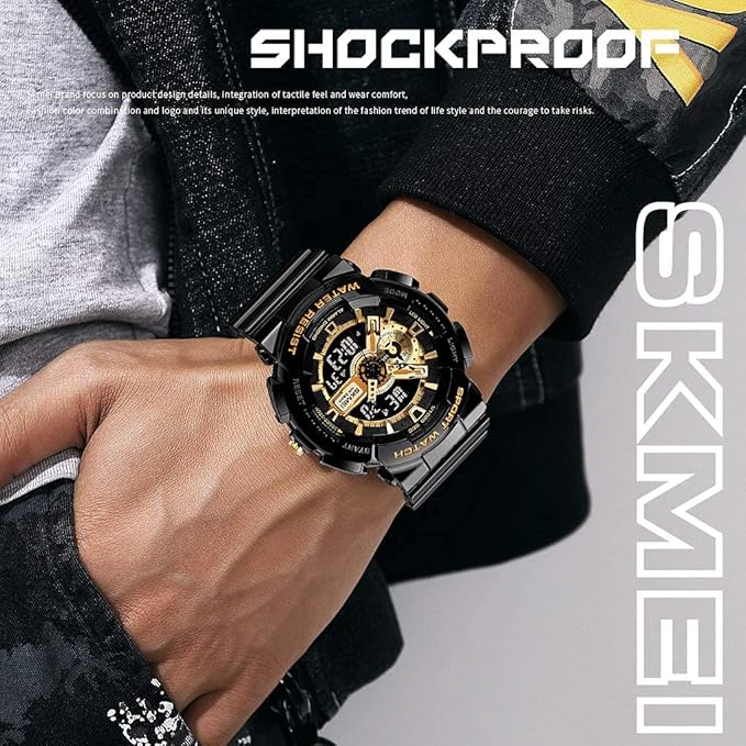 SKMEI Watches for Men- Water and Shock Resistant- 3D Dial Double Movement LED Screen Large Face Stopwatch Alarm Wrist Watch, Gold, strap