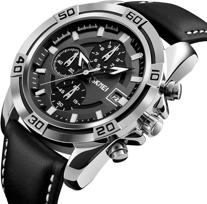 Skmei Sports Mens Watches, Chronograph and Date Wristwatches for Men,30 Meters Waterproof Soft Black Leather Strap Military Watch (Black)