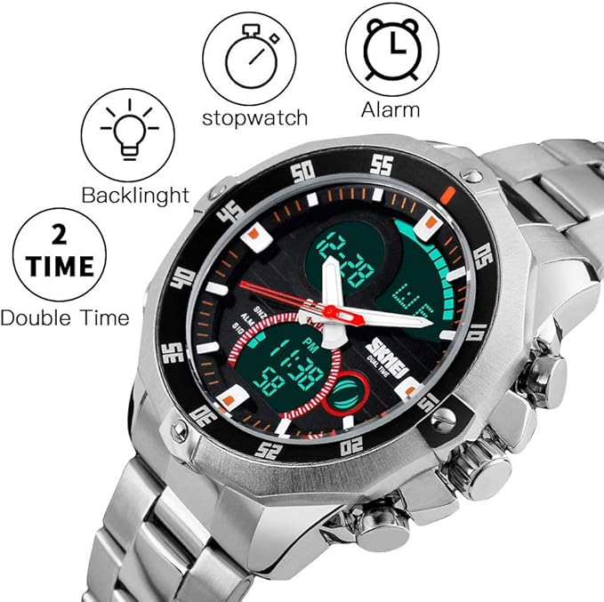 SKMEI Mens Wrist Watch, Waterproof Military Analog Digital Watches with LED Multi Time Chronograph, Stainless Steel Business Watches for Men