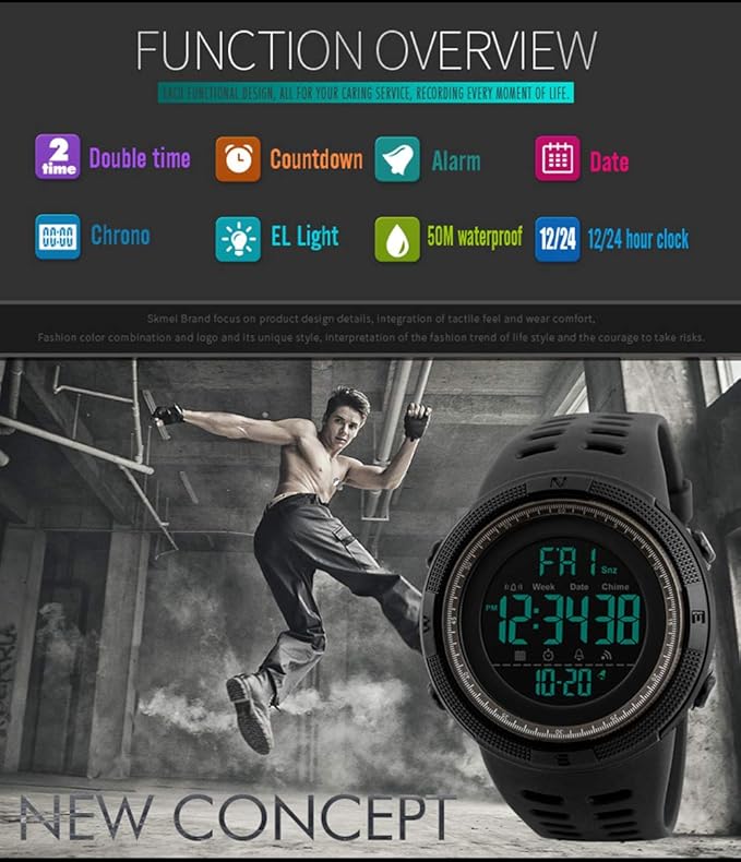 SKMEI Men Sports Watches Countdown Double Time Watch Alarm Chronograph Digital Wristwatches 50M Waterproof Relogio Masculino