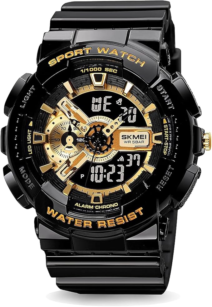 SKMEI Watches for Men- Water and Shock Resistant- 3D Dial Double Movement LED Screen Large Face Stopwatch Alarm Wrist Watch, Gold, strap
