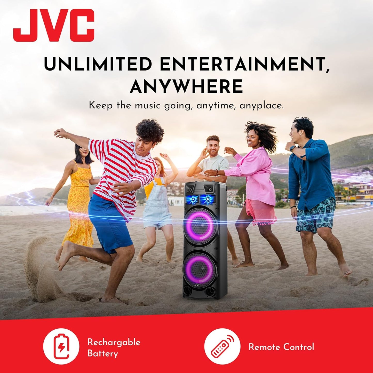 JVC Portable Bluetooth Party speaker with wireless mic and remote control XS-N7222PB Black