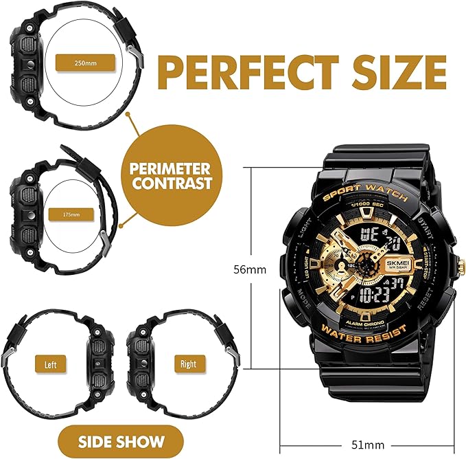 SKMEI Watches for Men- Water and Shock Resistant- 3D Dial Double Movement LED Screen Large Face Stopwatch Alarm Wrist Watch, Gold, strap