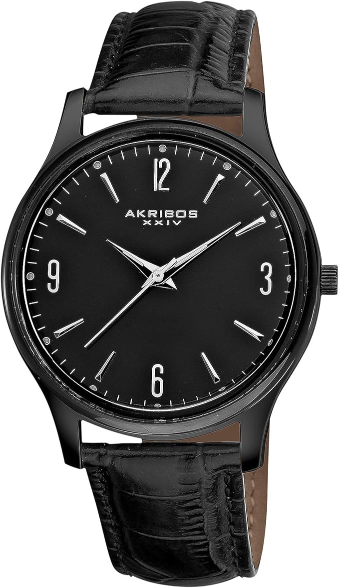 Akribos XXIV Men's Classic Black Watch - Sunburst Dial - Luminous Hands - Embossed Crocodile Pattern Genuine Leather Strap - AK539