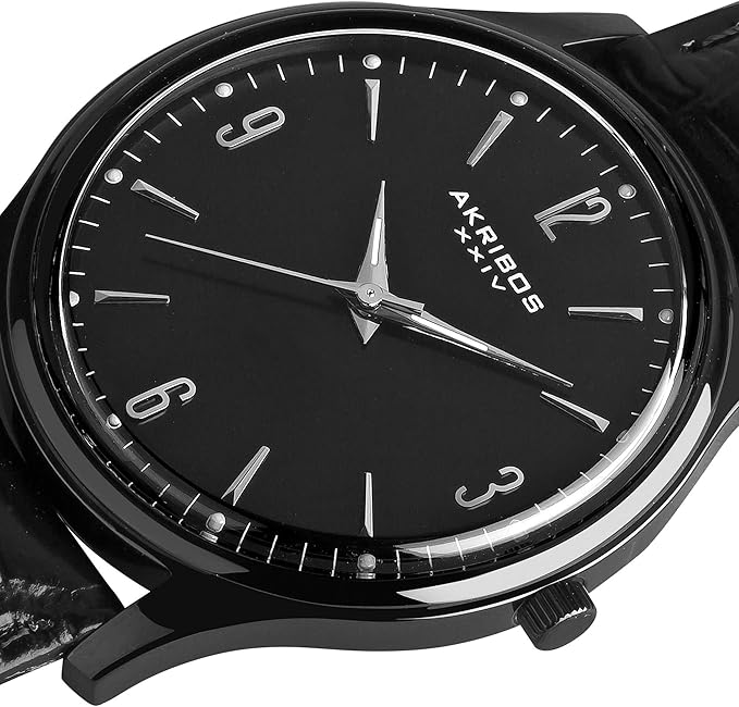 Akribos XXIV Men's Classic Black Watch - Sunburst Dial - Luminous Hands - Embossed Crocodile Pattern Genuine Leather Strap - AK539