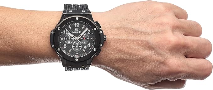 Megir Men's Black Dial Silicone Band Chronograph Watch - 3002-B