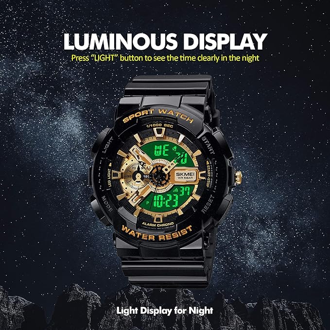 SKMEI Watches for Men- Water and Shock Resistant- 3D Dial Double Movement LED Screen Large Face Stopwatch Alarm Wrist Watch, Gold, strap