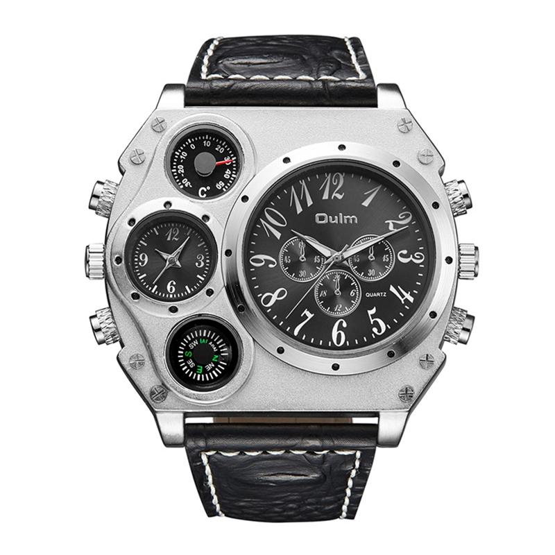 Large Dial Men's Watch with Decorative Compass and Two Time Zone Display