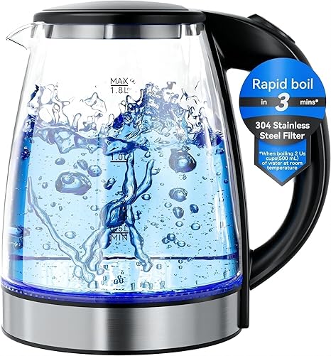 Electric Kettle, 1.8L Glass Kettle for Coffee & Tea, 1500W Fast Boil Hot Water Boiler with Blue LED, Boiling Water Kettle Stainless Steel, Hot Water Kettle Electric & Heater with Auto Shut-Off