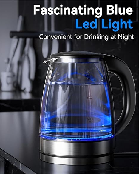Electric Kettle, 1.8L Glass Kettle for Coffee & Tea, 1500W Fast Boil Hot Water Boiler with Blue LED, Boiling Water Kettle Stainless Steel, Hot Water Kettle Electric & Heater with Auto Shut-Off