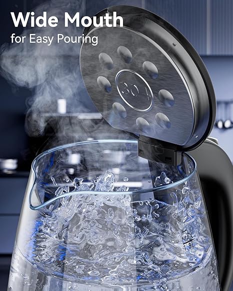 Electric Kettle, 1.8L Glass Kettle for Coffee & Tea, 1500W Fast Boil Hot Water Boiler with Blue LED, Boiling Water Kettle Stainless Steel, Hot Water Kettle Electric & Heater with Auto Shut-Off
