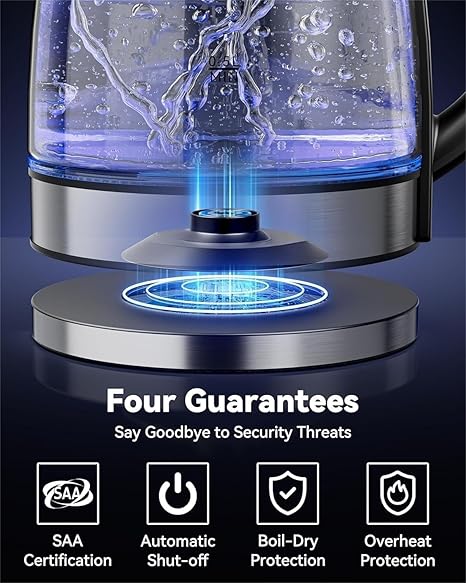 Electric Kettle, 1.8L Glass Kettle for Coffee & Tea, 1500W Fast Boil Hot Water Boiler with Blue LED, Boiling Water Kettle Stainless Steel, Hot Water Kettle Electric & Heater with Auto Shut-Off