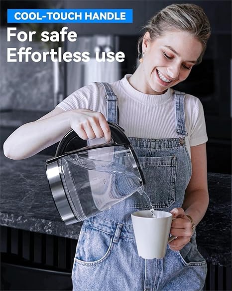 Electric Kettle, 1.8L Glass Kettle for Coffee & Tea, 1500W Fast Boil Hot Water Boiler with Blue LED, Boiling Water Kettle Stainless Steel, Hot Water Kettle Electric & Heater with Auto Shut-Off