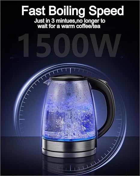 Electric Kettle, 1.8L Glass Kettle for Coffee & Tea, 1500W Fast Boil Hot Water Boiler with Blue LED, Boiling Water Kettle Stainless Steel, Hot Water Kettle Electric & Heater with Auto Shut-Off