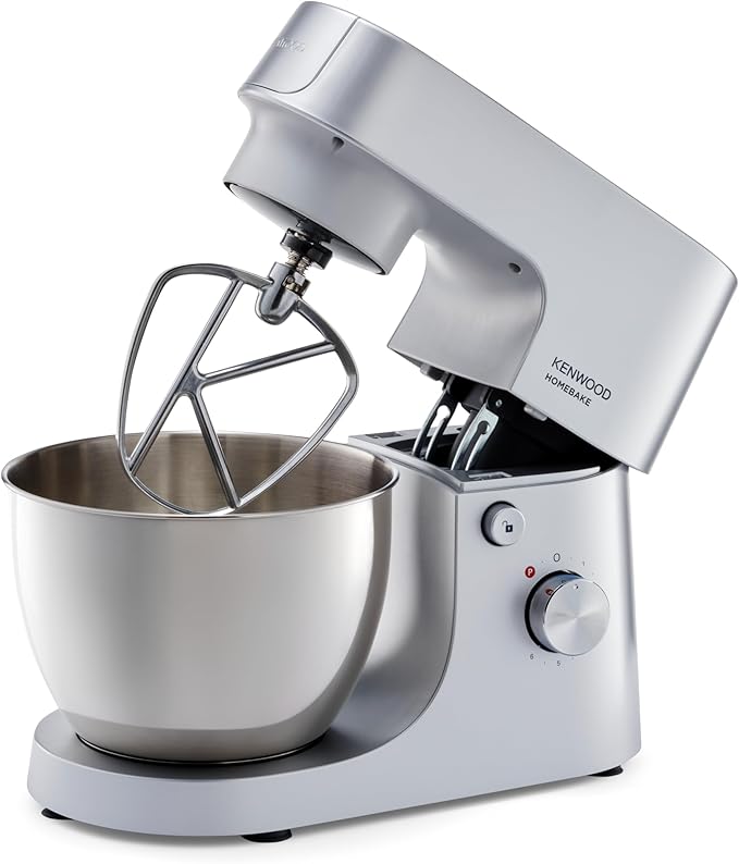 KENWOOD Stand Mixer Kitchen Machine HOMEBAKE 1000W with 5.0L Stainless Steel Bowl, K-Beater, Whisk, Dough Hook, KHH01.000SI Silver