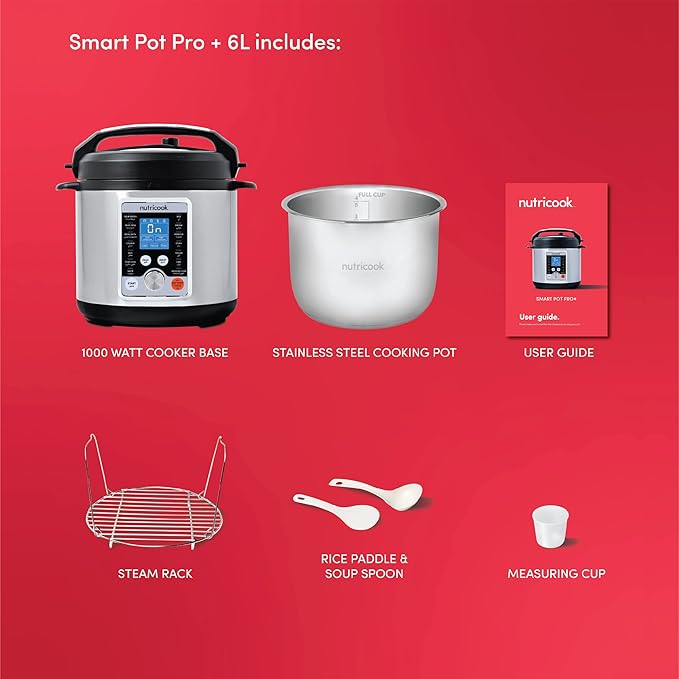 Nutricook Smart Pot Pro+ 1000 Watts - 10 in 1 Instant Programmable Electric Pressure Cooker, 6 Liters, 15 Smart Programs, Brushed Stainless Silver/Black, 2 Years Warranty, M-60F3