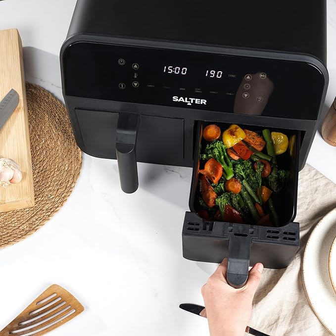 Salter EK4750BLK Dual Air Fryer – 2 x 3.7L Non-Stick Frying Drawers For Independent Cooking, Family Size 7.4L Capacity, 6 Air Fry Pre-Sets, Sync & Match To Cook & Serve Different Foods Together, 2400W