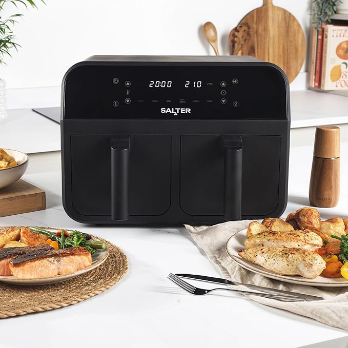 Salter EK4750BLK Dual Air Fryer – 2 x 3.7L Non-Stick Frying Drawers For Independent Cooking, Family Size 7.4L Capacity, 6 Air Fry Pre-Sets, Sync & Match To Cook & Serve Different Foods Together, 2400W