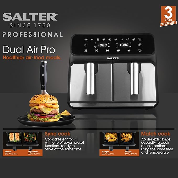 Salter EK5196 Dual Air Fryer – 7.6 L Digital Air Pro, Sync & Match Cook Function, Oil Free Fryer, Sensor Touch Display, 10 Cooking Functions, 60 Min Timer, Non-Stick Cooking, Stainless Steel, 1700 W