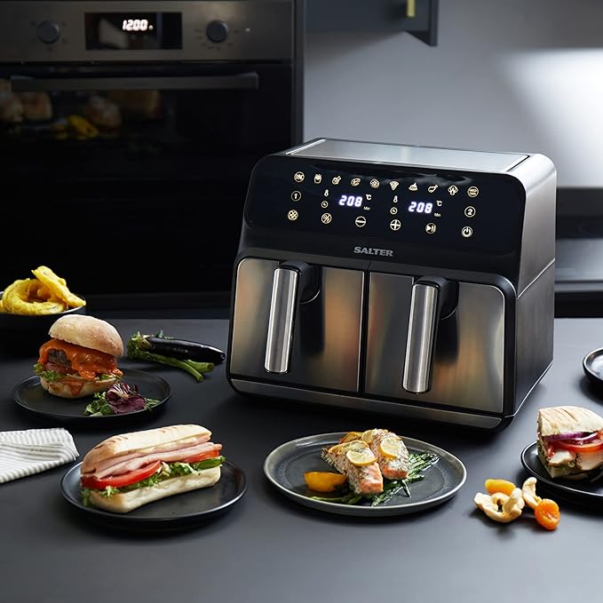 Salter EK5196 Dual Air Fryer – 7.6 L Digital Air Pro, Sync & Match Cook Function, Oil Free Fryer, Sensor Touch Display, 10 Cooking Functions, 60 Min Timer, Non-Stick Cooking, Stainless Steel, 1700 W