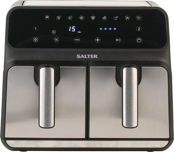 Salter EK5196 Dual Air Fryer – 7.6 L Digital Air Pro, Sync & Match Cook Function, Oil Free Fryer, Sensor Touch Display, 10 Cooking Functions, 60 Min Timer, Non-Stick Cooking, Stainless Steel, 1700 W