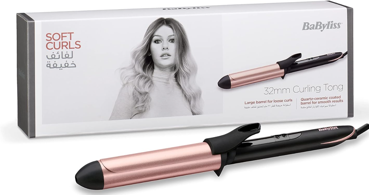 BaByliss Hair Curling Iron, Extensive Wide Reach 32mm Curling Tong Barrel, Ultra-Fast Heat With Led & 6 Temperature Setting 160°C-210°C, 2.5m Ceramics Swivel Cord, C452SDE (Rose Quartz)