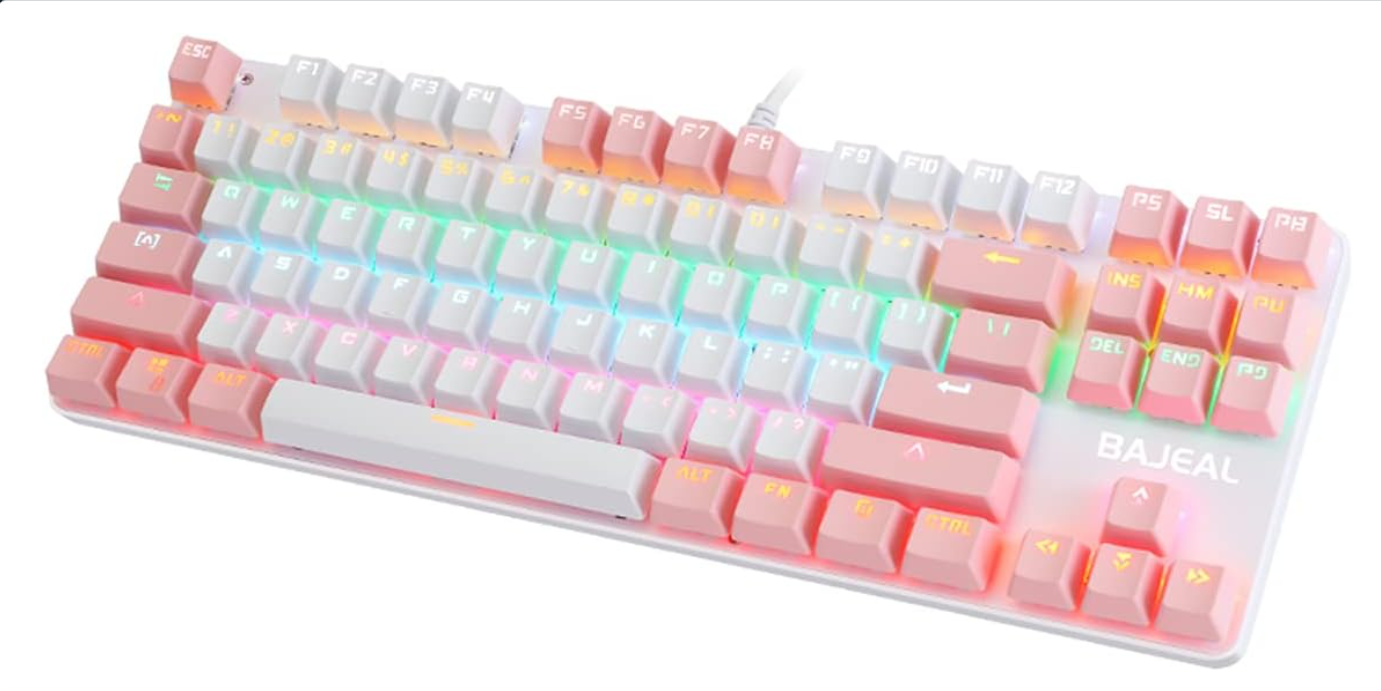 BAJEAL Mechanical Keyboard,Hot Swap 87 Keys Keyboard,USB Wired Blue Switch Keyboard with Two Color Shine-Through Keycaps,Multi LED Backlit Lighting Gaming Keyboard (White Pink)