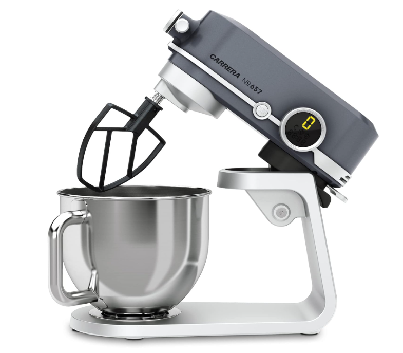 Carrera (Designed In Germany) Stand Mixer No 657, 800-Watt Kitchen Food Mixer With 8 Speed Settings, Dough Hook, Flat Beater, Whisk, Stainless Steel Mixing Bowl (5L), Splash Guard With Funnel – Silver