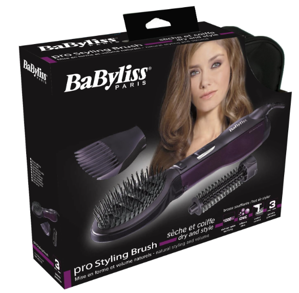 BaByliss The Paddle Air Brush Airstyler, High-Octane 1000W Pro Styling Brush, Adjustable 2 Speeds & Temperature Settings For Quick Dry, Ionic Function With 3 FREE Attachments, AS115SDE (Purple)