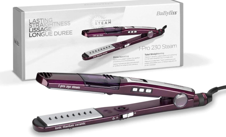 BaByliss Hair Straightener, I Pro 230 Steam - 2000 Watts, Wet and Dry Hair Straightener, Nano Titanium Ceramic Coating, I-Temperature Technology, 360° Surround Steam, Purple - ST395SDE