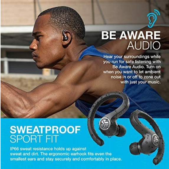 JLab JBuds Air Sport True Wireless Bluetooth Earbuds + Charging Case, Black, IP66 Sweat Resistance, Class 1 Bluetooth 5.0 Connection, 3 EQ Sound Settings JLab Signature, Balanced, Bass Boost