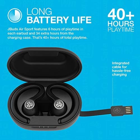 JLab JBuds Air Sport True Wireless Bluetooth Earbuds + Charging Case, Black, IP66 Sweat Resistance, Class 1 Bluetooth 5.0 Connection, 3 EQ Sound Settings JLab Signature, Balanced, Bass Boost