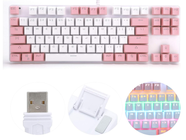BAJEAL Mechanical Keyboard,Hot Swap 87 Keys Keyboard,USB Wired Blue Switch Keyboard with Two Color Shine-Through Keycaps,Multi LED Backlit Lighting Gaming Keyboard (White Pink)